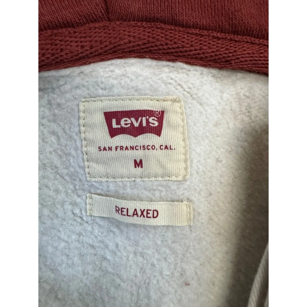 Levis‎ Mens Relaxed Fit Hooded Rugby Shirt Burgundy Cream Striped Fleece Medium